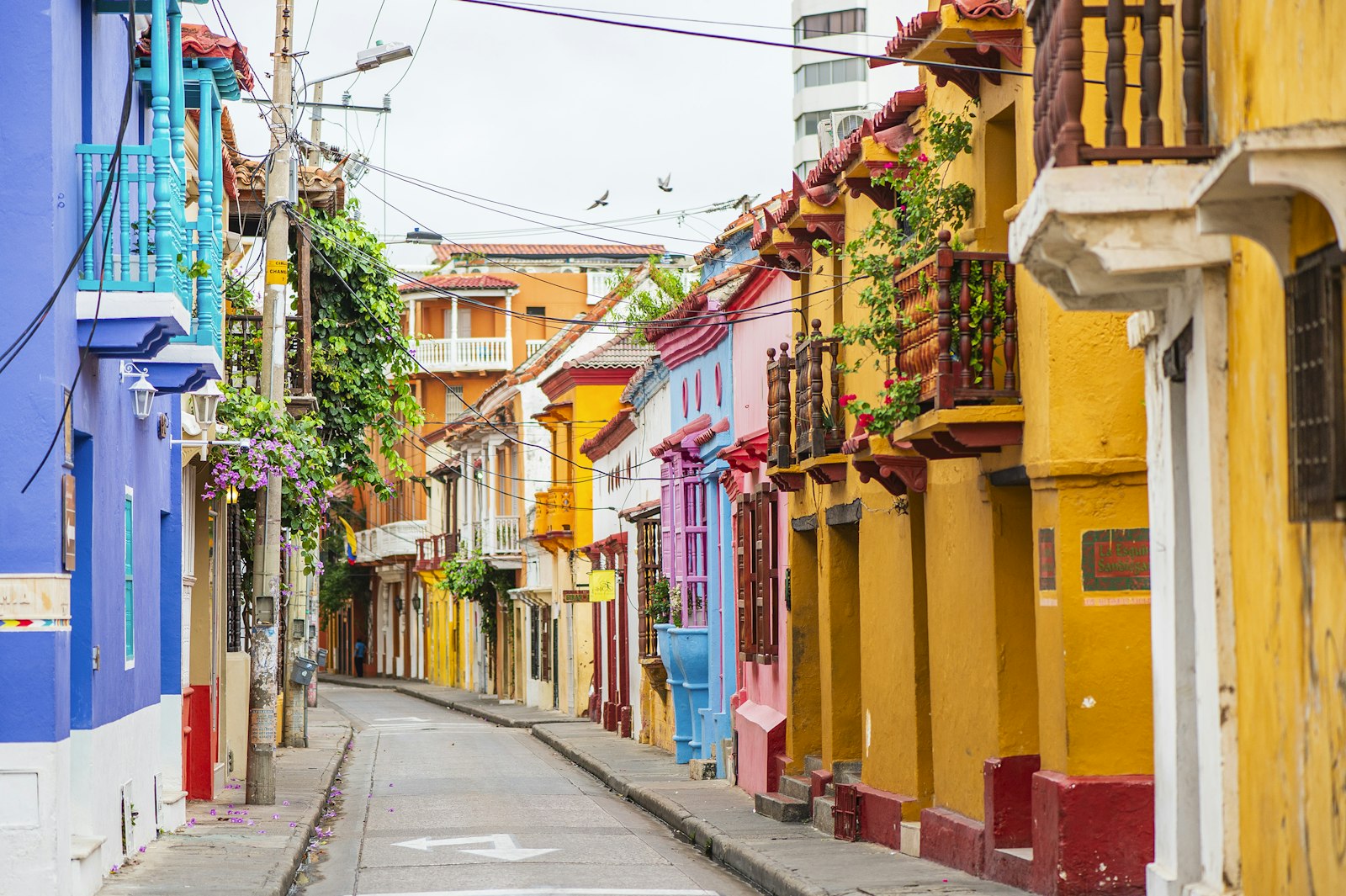 Calle colonial de Cartagena con casas amarillas, azules y rosadas y balcones con flores
