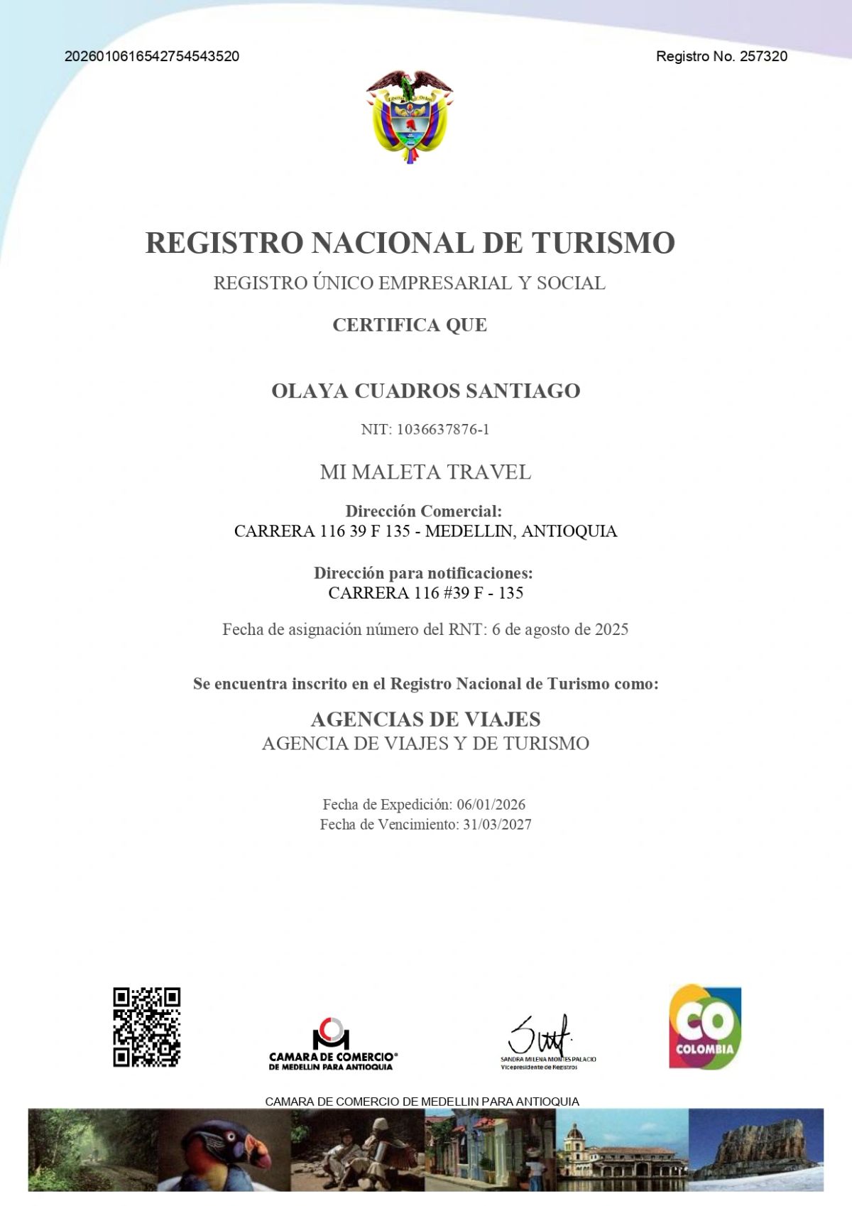 Certificado del Registro Nacional de Turismo de Mi Maleta Travel, número 257320