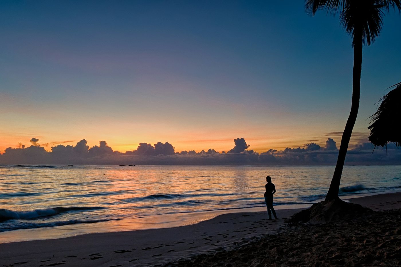 Silueta de una persona en la orilla al amanecer en Punta Cana, con una palmera