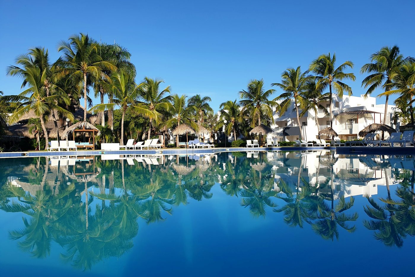 Piscina de un resort dominicano que refleja las palmeras y el cielo azul